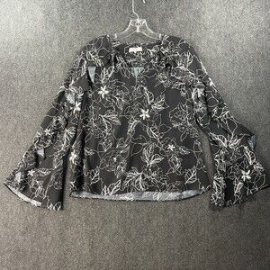 Parker Ruffle Long Sleeve Top Women's Size Medium Black White Print EUC